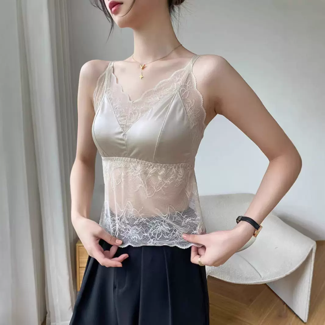 蕾丝拼接吊带背心女带胸垫内搭2025新款春夏抹胸内衣美背镂空上衣