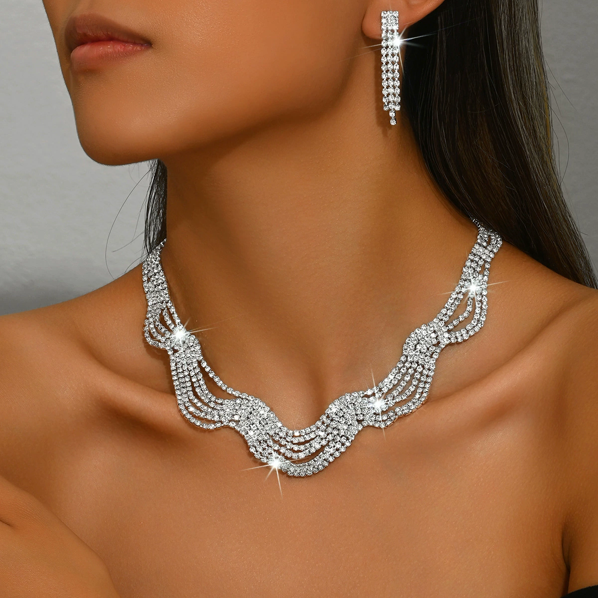 RNAFASHION Набор украшений: серебряное колье и серьги с кристаллами, европейский стиль для невесты и выпускного