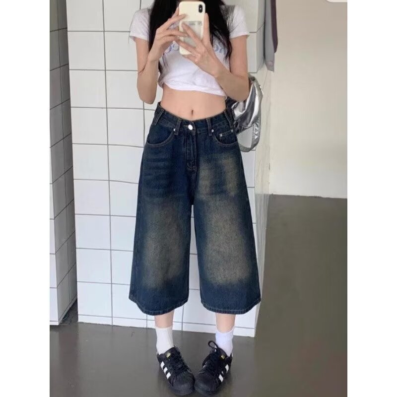 Cross-Border American Retro Denim Cropped Pants for Women, Trendy Washed Design, Loose Fit, Versatile Casual Wide-Leg Jeans Cross-Border American Retro Denim Cropped Pants for Women, Trendy Washed Design, Loose Fit, Versatile Casual Wide-Leg Jeans