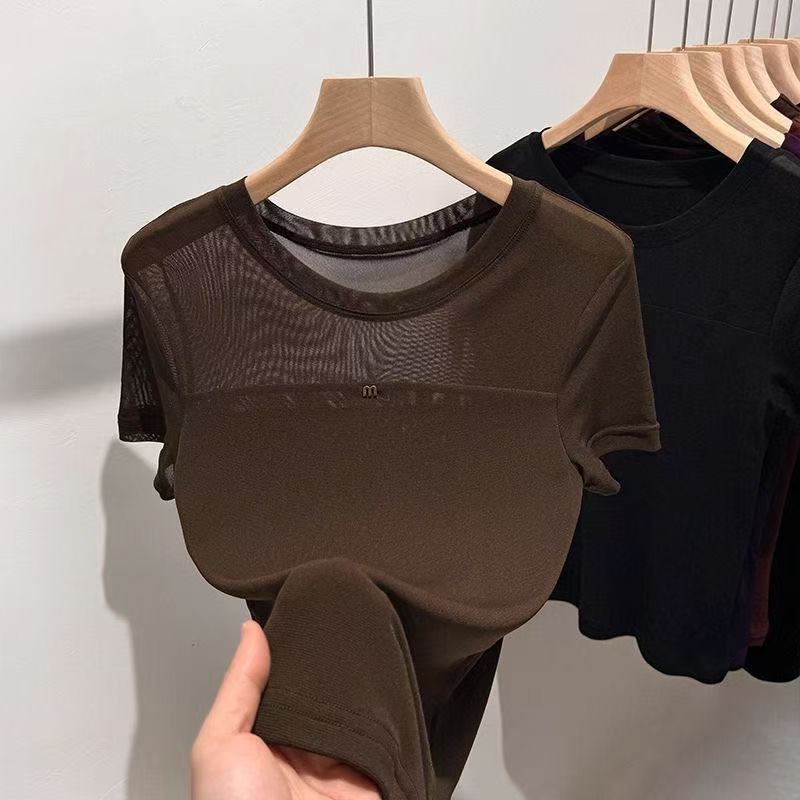High-End Fashion Mesh Short-Sleeved T-Shirt for Women Summer New Slimming Look Top Short-Sleeved Thin Round Neck Slim Shirt