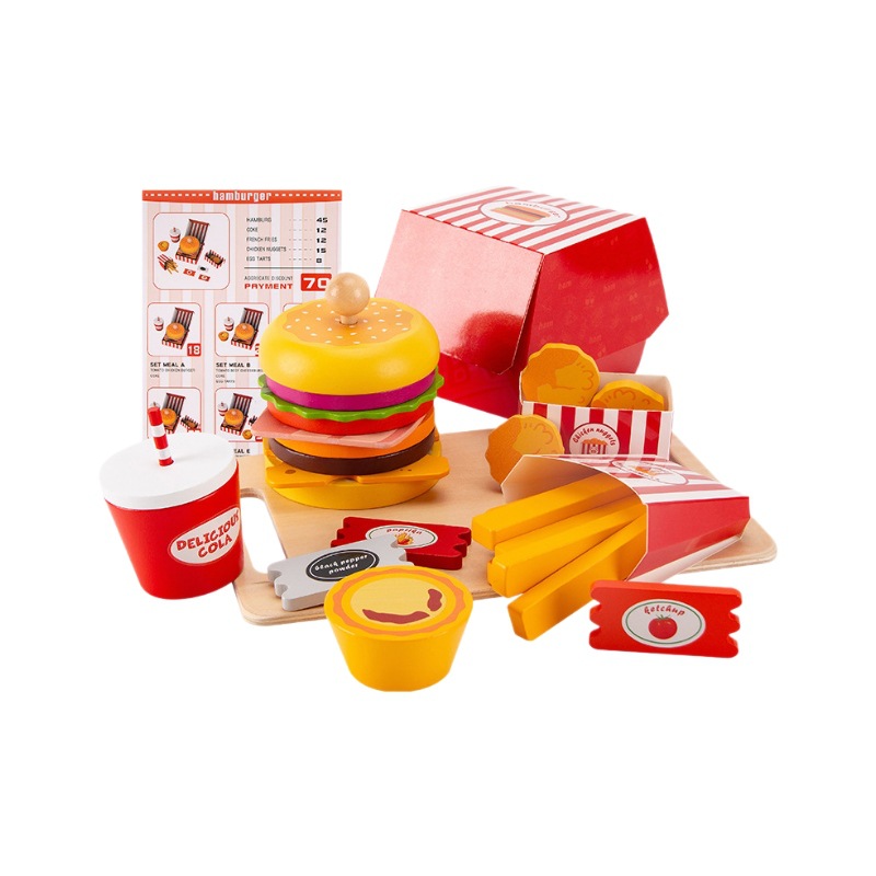 Juego de casas para niños simulación hamburguesa de madera paquete de papas fritas juguetes de madera cocina horneado gourmet regalo para niños y niñas
