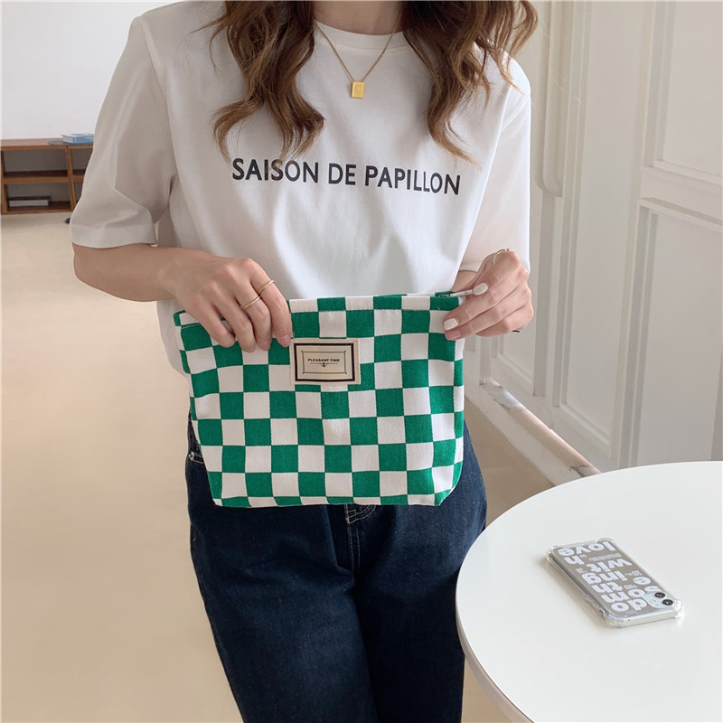 【 In Stock 】18181 checkerboard green checkered canvas bag, school-style commuter single-shoulder bag, retro hand-held tote bag undefined