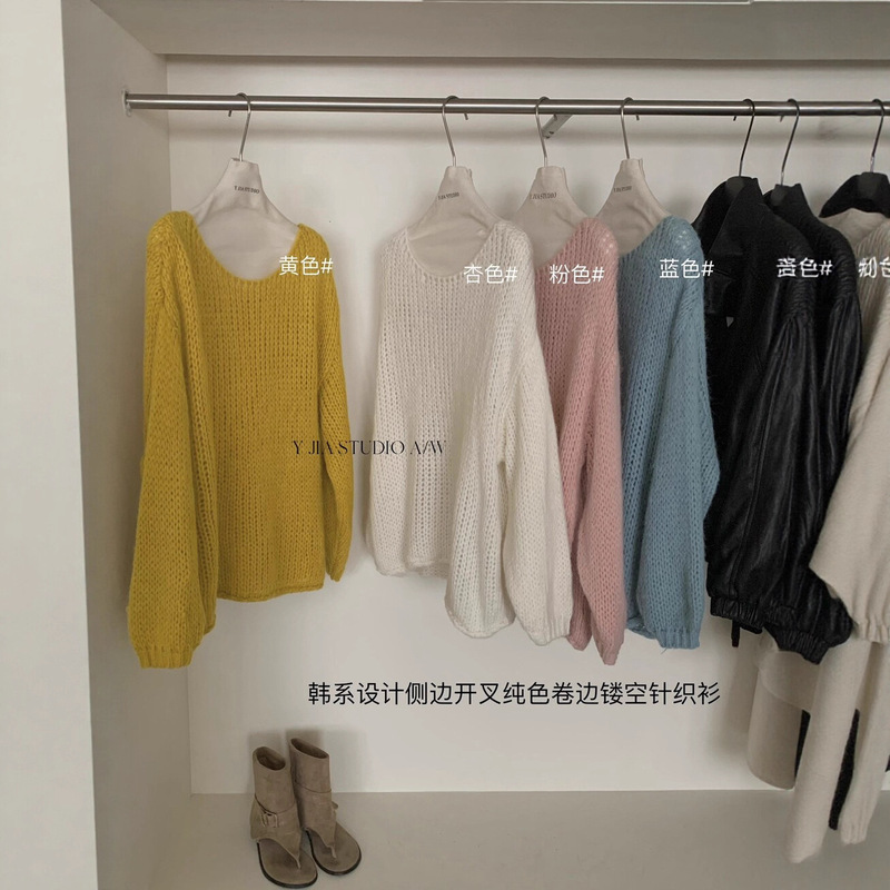 Y.JIA 伊嘉 秋季韩系纯欲镂空设计感侧边开叉卷边长袖针织衫女773|undefined