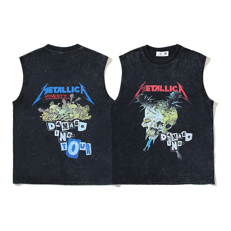 Metal King Band Metallica Washed Antique American Retro Batik Digital Direct Injection Vest Sleeveless T-shirt