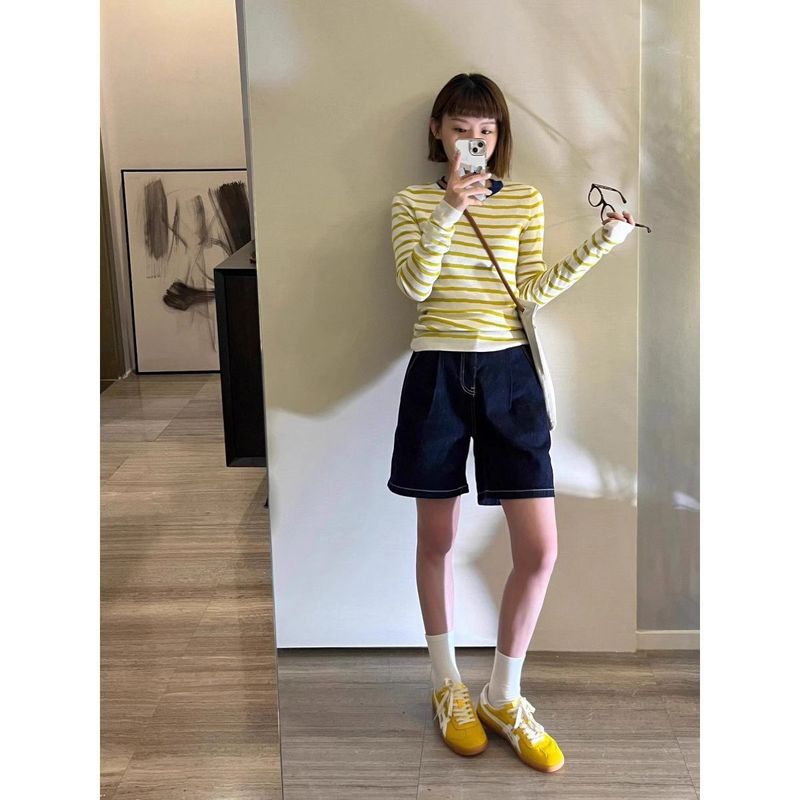 撞色条纹修身黄色条纹针织衫女春秋小众复古撞色圆领打底长袖上衣|undefined