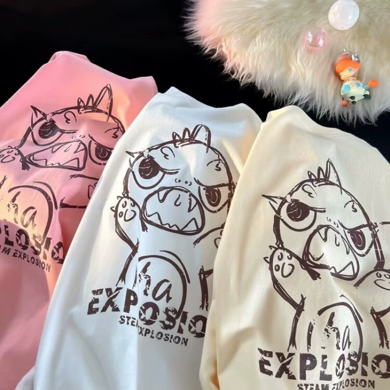 Хлопчатобумажная футболка мужской летний прилив свободная тенденция дикая мода 2024 новая одежда с круглым вырезом мультяшный принт