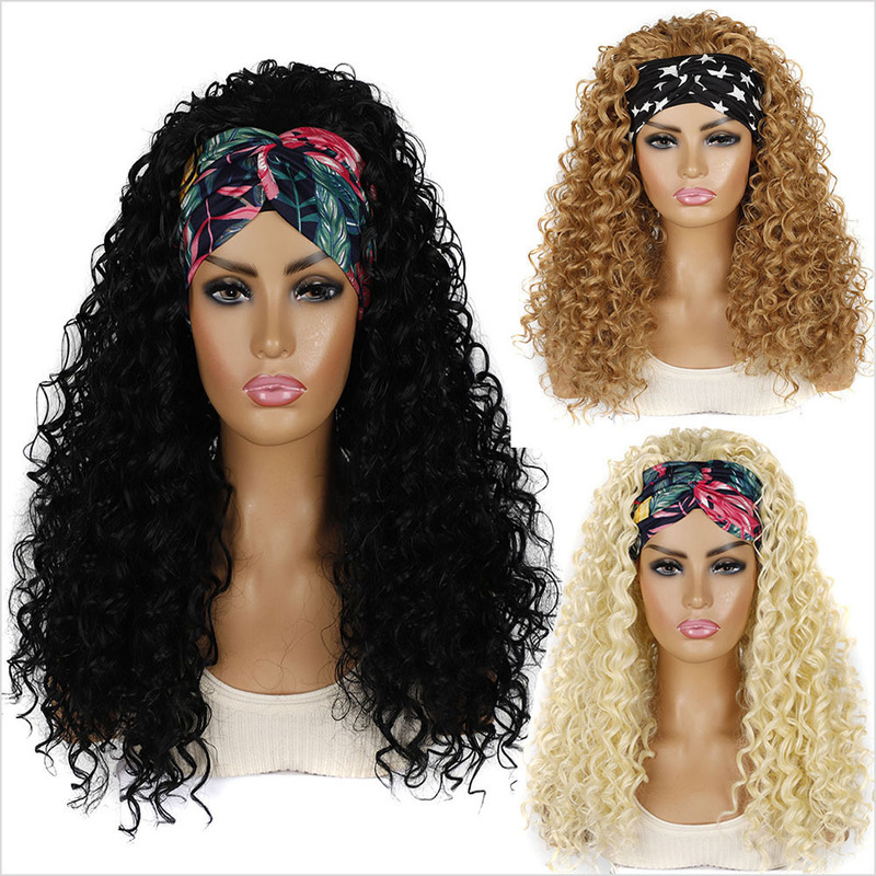 Hair Band Wig Headgear Export Long Curly Hair Deep Roll Chemical Fiber Wig Headgear Foreign Trade Africa Headband Wig Cover