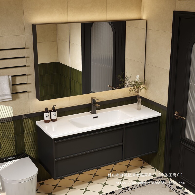 Black Ceramic Integrated Bathroom Cabinet Set with Washbasin, Modern Minimalist Bathroom Sink, Smart Washing Basin