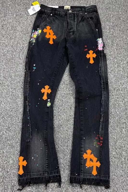 现货CH潮牌裤子限定火焰十字架刺绣直筒做旧水洗明星同款牛仔裤|undefined