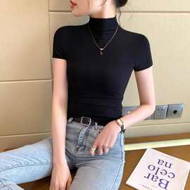 黑色螺纹半高领短袖t恤女2026夏新款时尚百搭打底衫针织紧身上衣
