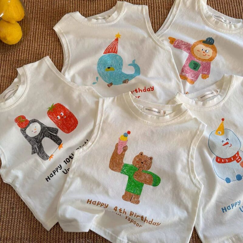 Children's Summer Sleeveless Vest T-Shirt for Boys and Girls, Cartoon Pure 100% Cotton Top, Summer Outfit, Stylish and Versatile Baby Tee