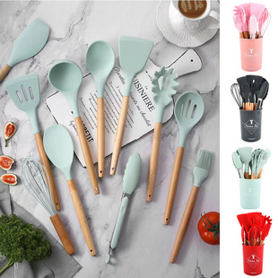 Customized 11-Piece Barrel Beech Handle Silicone Cooking Kitchenware High Temperature Resistant Non-Stick Spatula Spoon Powder Claw Spatula Set