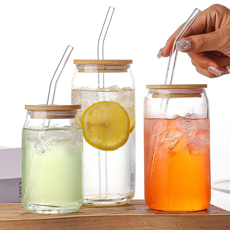 Vaso de Cola de 16 oz con Tapa y Pajita, Impresión UV Transfronteriza, Vaso de Vidrio Resistente al Calor para Té con Leche, Café, Tapa de Bambú, Vaso de Agua Tipo Mason Jar