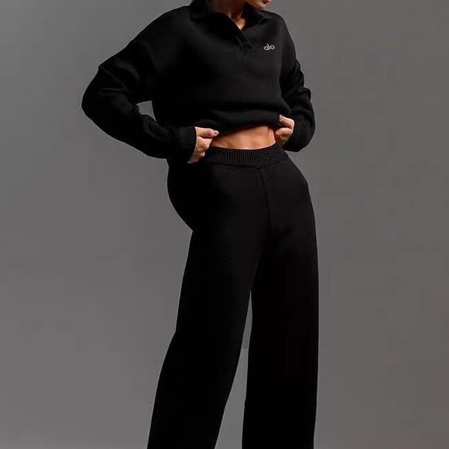 Alo Yoga Suit Polo Collar Knitted European and American Lazy Pullover Sweater Wide Leg Pants Fitness Sports Lazy Style