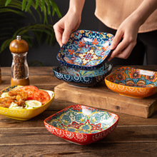 复古陶瓷四方菜盘特色小吃碟家用凉菜碟水果沙拉盘商用点心盘深盘