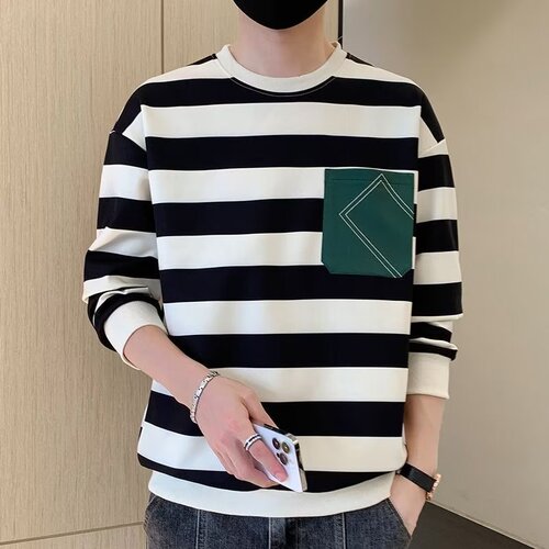 2025 Hong Kong style new style young men's fashion brand striped hoodie men's round collar loose bottomed shirt in spring and autumn
