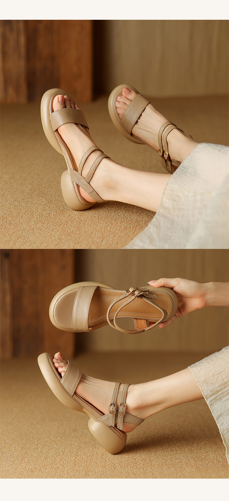 Sandal nữ hở mũi quai ngang gót vuông đế dày da cừu — Màu trắng be chi tiết 9