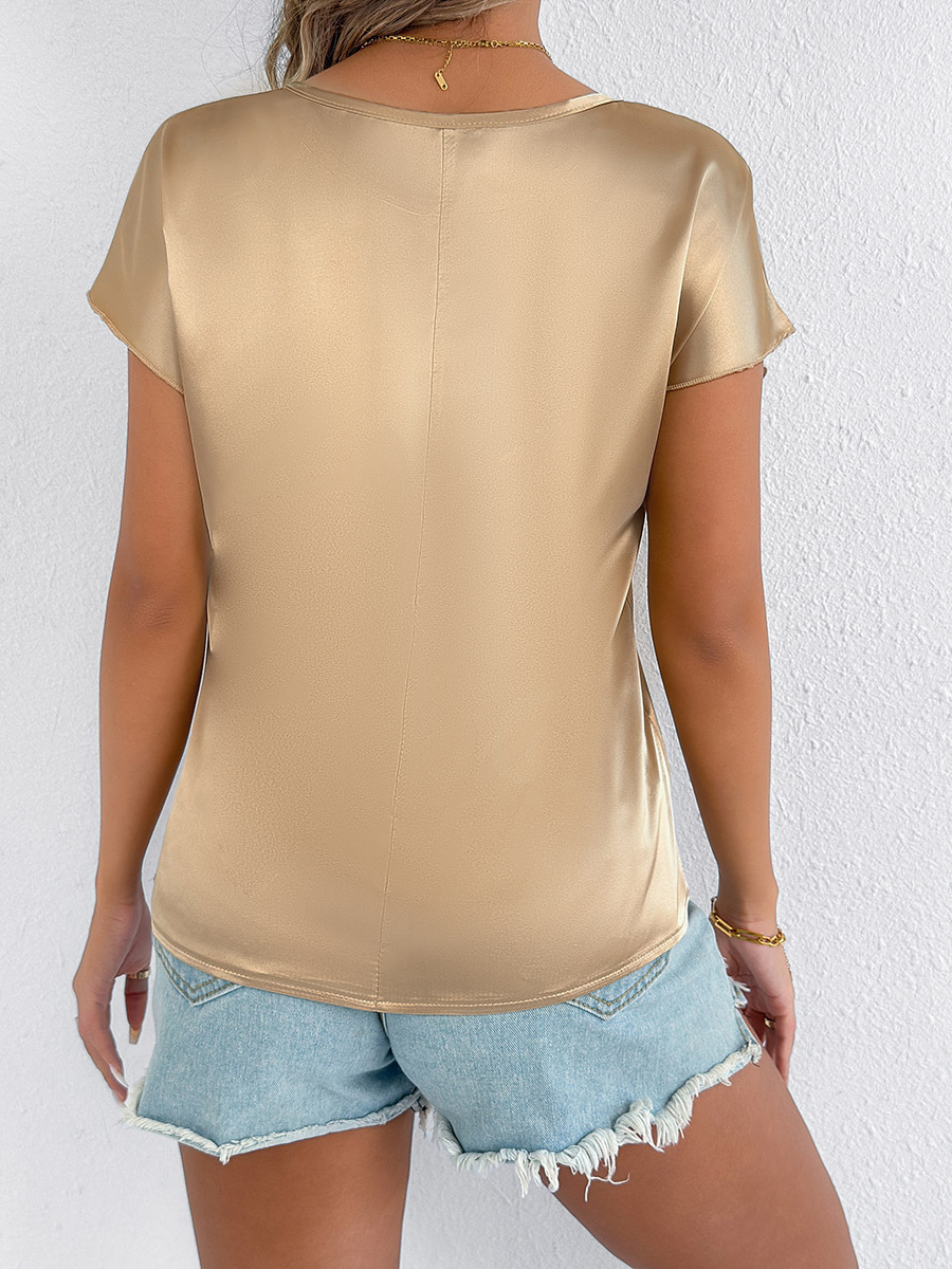 Fotos reales de ropa femenina transfronteriza de Amazon: camisetas de satén de verano de AliExpress, blusas de satén de imitación de seda europeas y americanas para mujer.