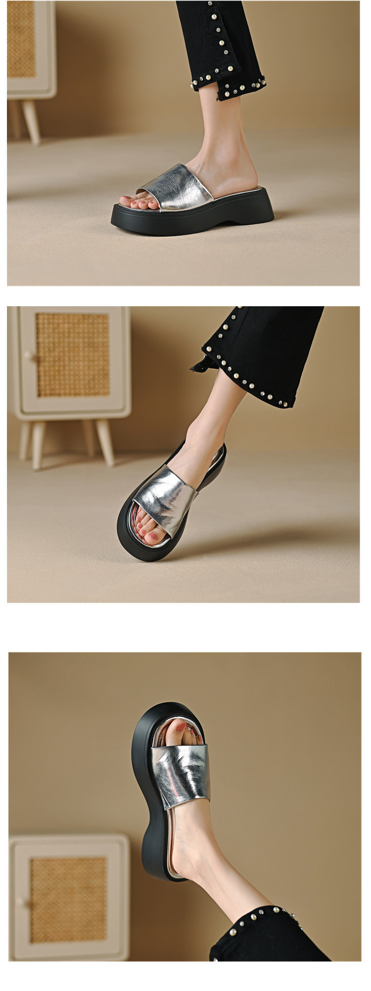 Dép sandal nữ xỏ ngón đế dày 3 cm, quai ngang mềm, chống trượt — màu đen, Trắng kem-, bạc, màu mơ chi tiết 8