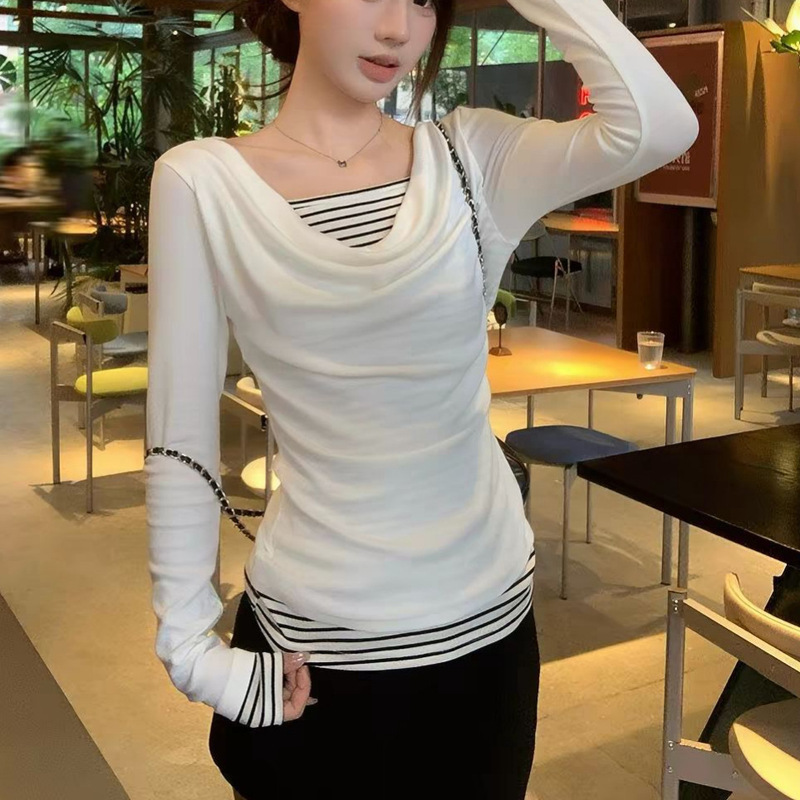 Wild Girl Striped Faux Two-Piece Long-Sleeve T-Shirt for Women, Autumn/Winter Slim-Fit, Versatile Design, Unique Top Wild Girl Striped Faux Two-Piece Long-Sleeve T-Shirt for Women, Autumn/Winter Slim-Fit, Versatile Design, Unique Top