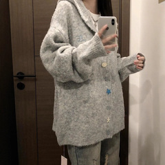 秋冬新款灰色连帽针织修身开衫毛衣外套女秋宽松韩系慵懒风针织衫