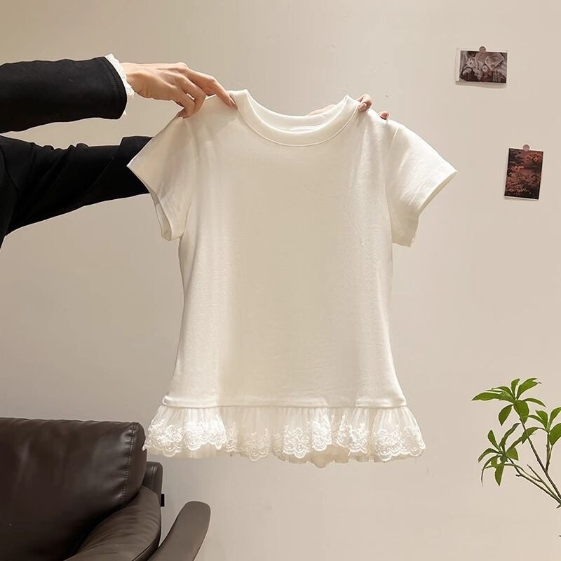 Affordable Foreign Trade Lace Patchwork Ballet-Style White Lace Short-Sleeve Women's T-Shirt Top Summer Pure Desire Base Shirt
