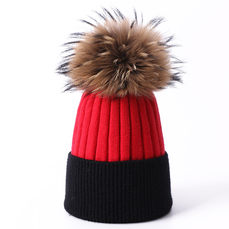 Chapeau chaud d'automne et d'hiver en forme de boule de renard, couleur unie, tricoté, pour adultes et enfants, mode parent-enfant_voghion.com