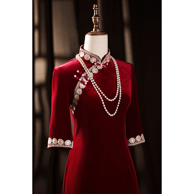 Mother-in-law Wedding Dress Wedding Dress Mother's Cheongsam Toast Dress Bride Velvet Burgundy Little Man Medium Long Sleeve