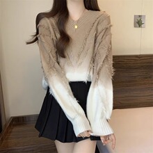 渐变色慵懒V领流苏毛衣女秋冬大码胖mm今年流行漂亮显瘦针织上衣