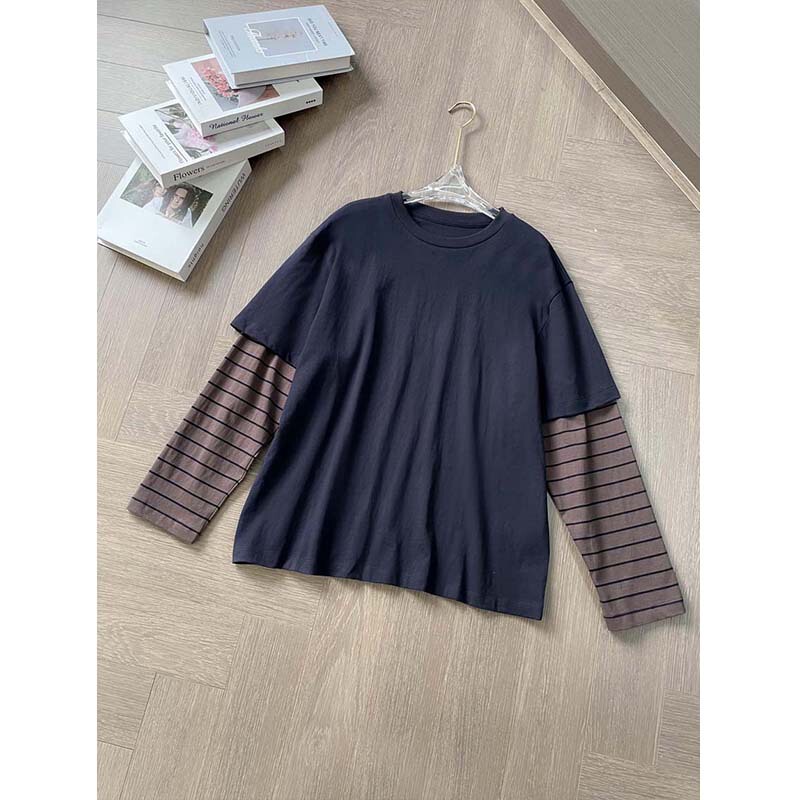 M*Iu Style ~ Round Neck Fake Two-Piece T-Shirt! Autumn and Winter Fashion Simple Style Stripesd Sleeve Tops for Women