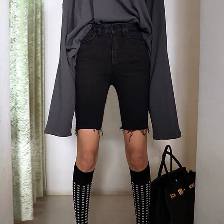 Cycling Denim Shorts for Women, High-Waisted, Stretchy, Slim-Fit, Black, Straight-Leg, Tight-Fitting, New Style, Suitable for Outdoor Wear