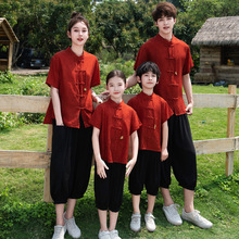 亲子装2025夏装新款国风衬衫短袖一家四口全家套装潮
