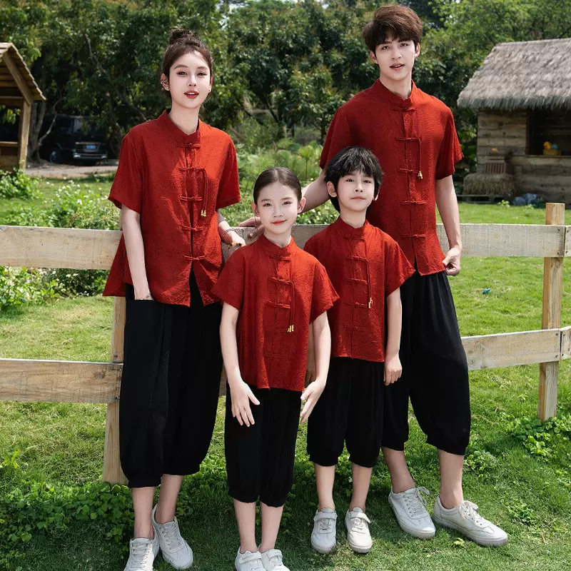 亲子装2026夏装新款国风衬衫短袖一家四口全家套装潮