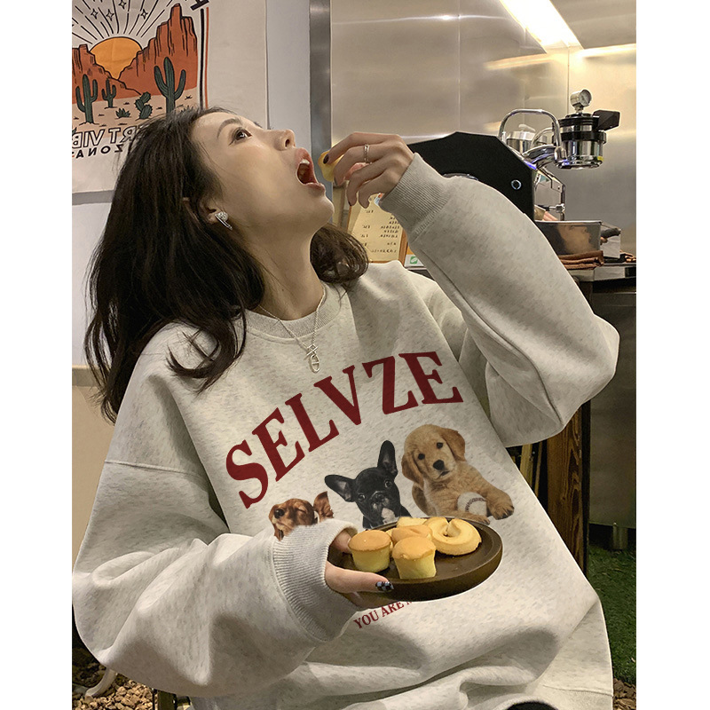 【跨境批发】可爱字母狗狗卡通印花休闲圆领卫衣女宽松加绒上衣女