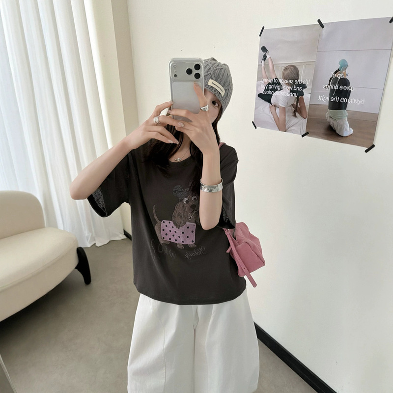 Korean-Style Snowflake Linen Bowknot Puppy Print Short-Sleeve Summer New Loose T-Shirt Women's Clothing Source Factory