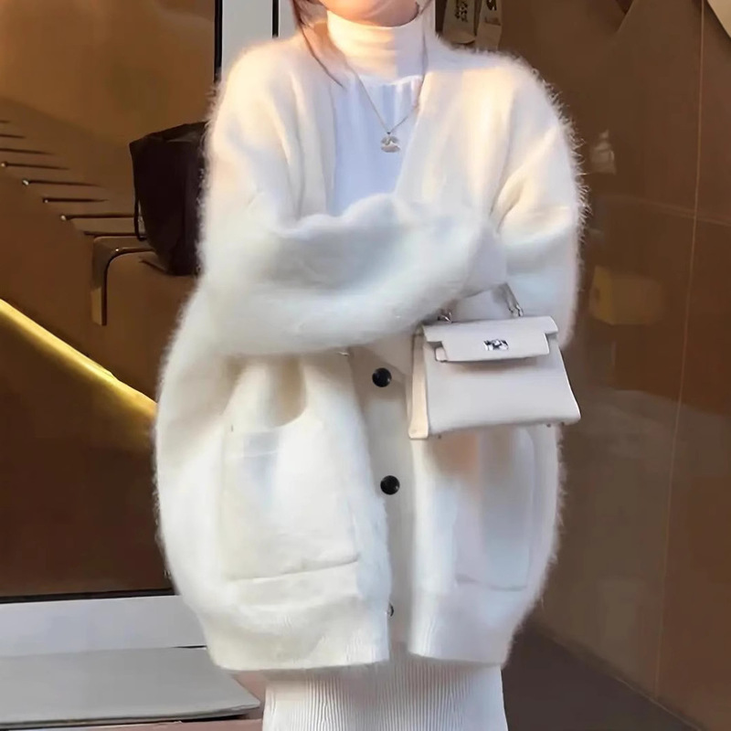 Soft Glutinous-Button Front Knitted Cardigan \Casual Simple V-Neck Long Sleeve Cardigan Autumn and Winter with Pocket for Women