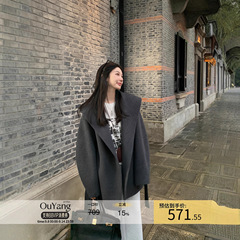 区区欧阳 羊毛双面呢大衣女冬季小个子短款呢子宽松连帽毛呢外套