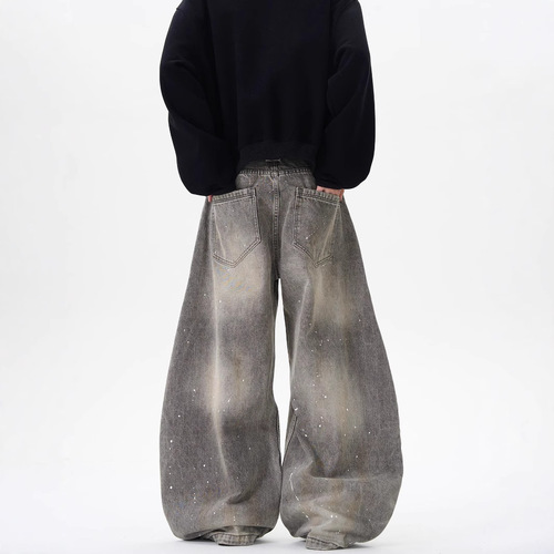 Spring and Autumn Retro Washed Distressed Gray Ink Splatter Bended Knife Jeans for Men and Women Trend Brand American Street Loose Pants