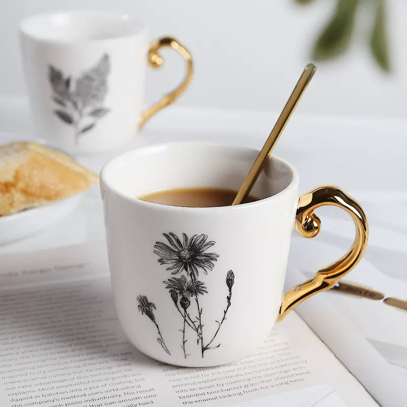 轻奢咖啡杯套装 欧式简约小号陶瓷杯金把马克杯植物向日葵花朵杯