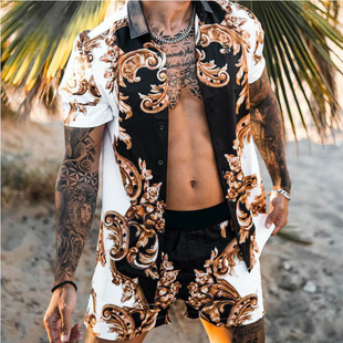 Amazon Cross-Border Men's Summer Beach Style Loose Shirt Hawaiian Casual Suit Men's Printed Two-Piece Set