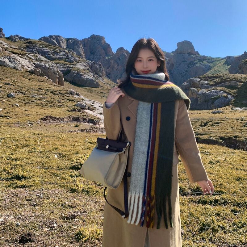 Japanese-Style New Rainbow Striped Double-Sided Wool Blend Scarf Winter Thick Women's Warm Korean Versatile Neck Warmer Japanese-Style New Rainbow Striped Double-Sided Wool Blend Scarf Winter Thick Women's Warm Korean Versatile Neck Warmer