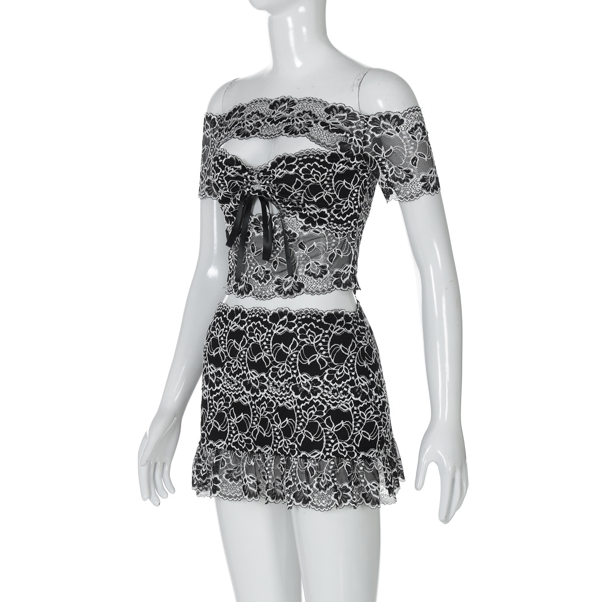 Arrival Sexy Sleeve Chest Wrapped Hollow Out Cutout Top Ultra Short Sheath Slim Fit Skirt Lace Women