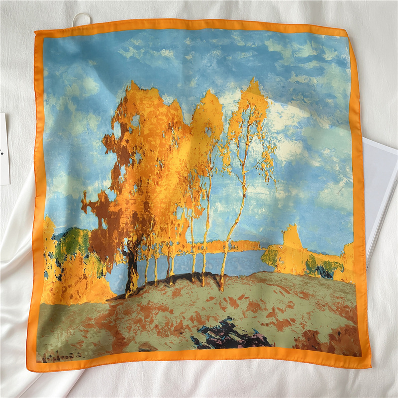 Stile di pittura a olio, pittura di paesaggi, sciarpe di seta, nuove sciarpe quadrate, 70 cm, sciarpa decorativa, borsa per cravatte, capelli_voghion.com