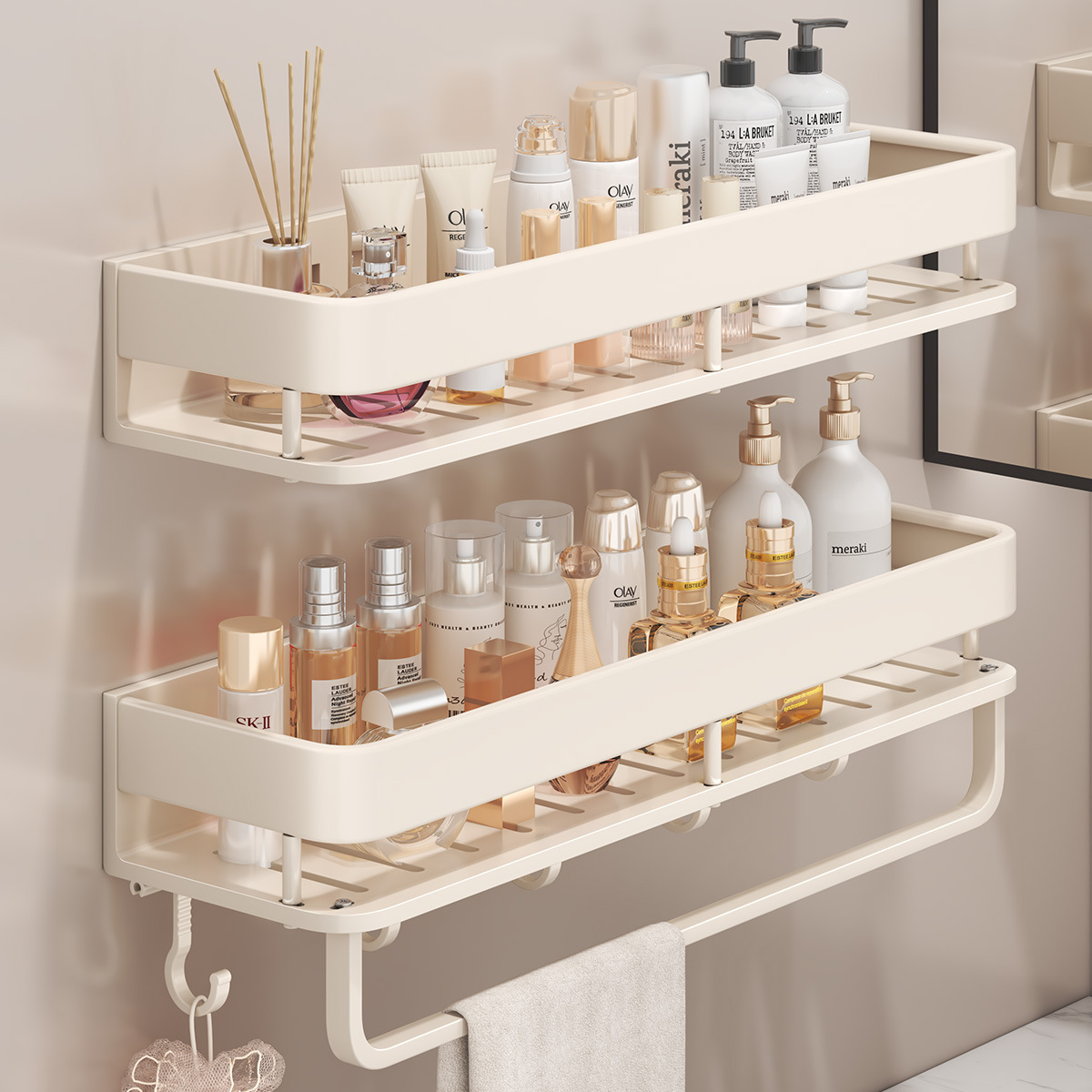 Cream-Colored Punch-Free Bathroom Storage Rack, Wall-Mounted Washbasin Organizer, Bathroom Wall Storage Shelf