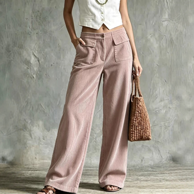 Corduroy wide-leg pants, women's high-waisted cargo pocket straight pants, elastic waist, loose casual long pants Corduroy wide-leg pants, women's high-waisted cargo pocket straight pants, elastic waist, loose casual long pants