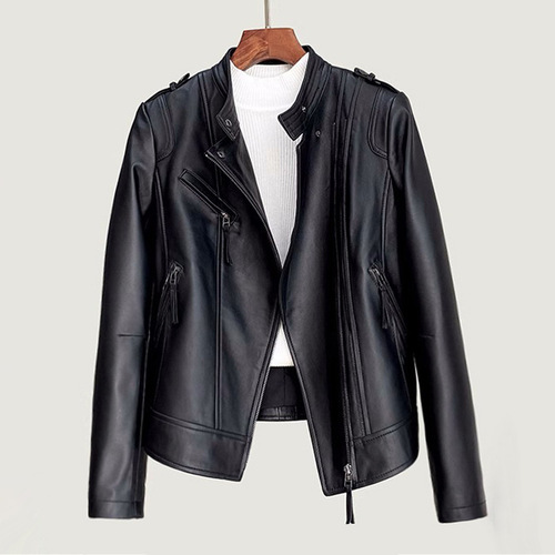 Spring Leather Jacket, Women's Stand Collar Slimming Short Coat, Biker Jacket