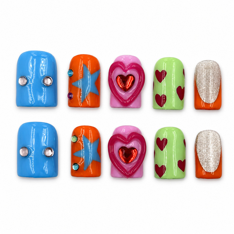 Handmade colorful contrasting color Y2K short square-shaped nails with heart and star rhinestones, 10-piece set, in stock for wholesale and dropshipping Handmade colorful contrasting color Y2K short square-shaped nails with heart and star rhinestones, 10-piece set, in stock for wholesale and dropshipping