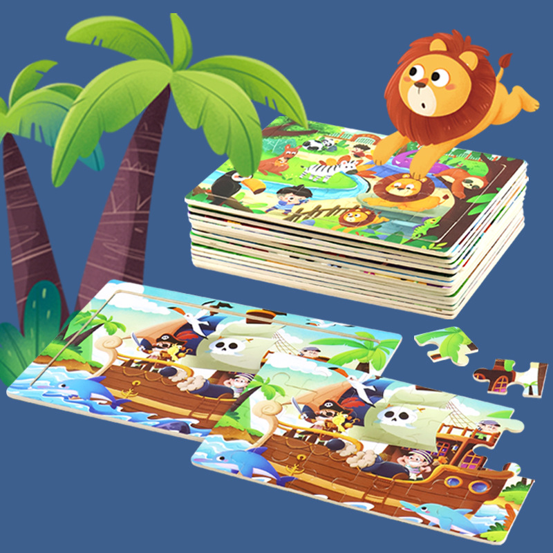 Madera 24 piezas de dibujos animados dinosaurios puzzle de madera plano juguetes de inteligencia infantil