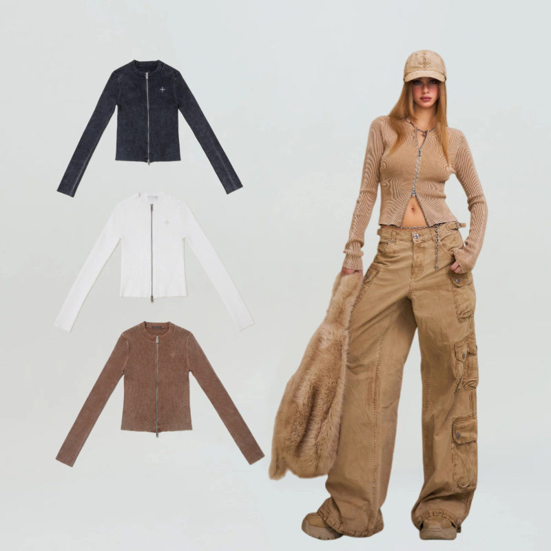 Sk Wild Retro Zipper Knitted Cardigan/Stone Washed Long Sleeve Top Winter New Style