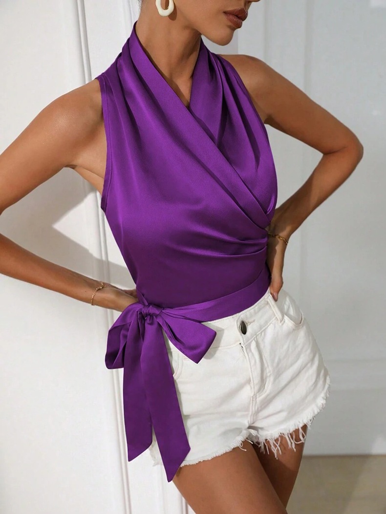 Camicetta donna in raso senza maniche top sexy con allacciatura_voghion.com